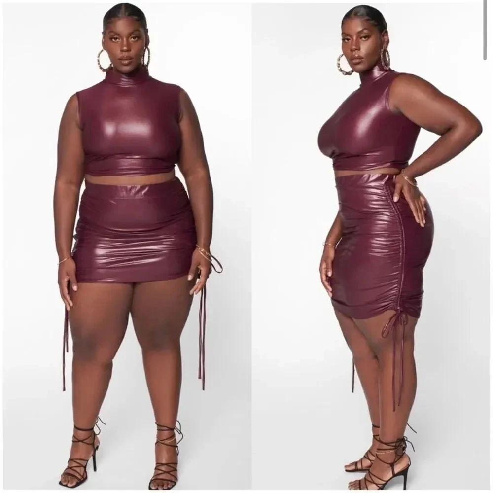 ZELIE FOR SHE | NWT‎ Drawstring City Sleek Faux Leather Skirt Merlot Maroon | 1X